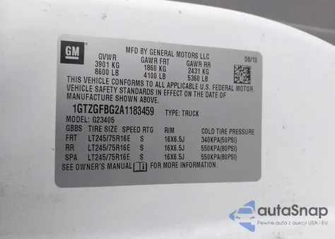 2010 GMC Savana 2500 Work Van z USA, uszkodzony, nr VIN 1GTZGFBG2A1183459